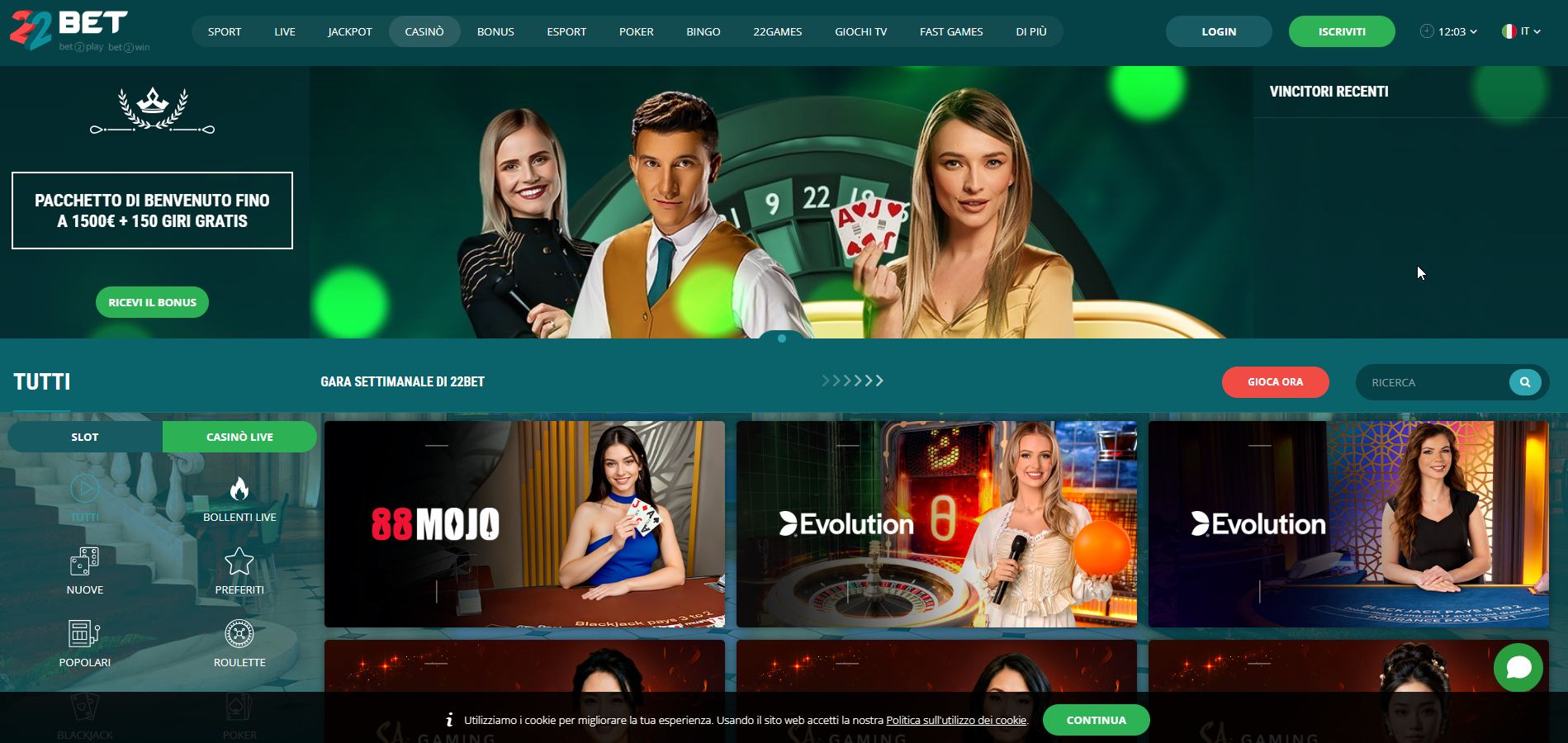 L'interfaccia densa di contenuti di 22bet, un vero e proprio hub visivo dove casinò online e scommesse sportive si incontrano