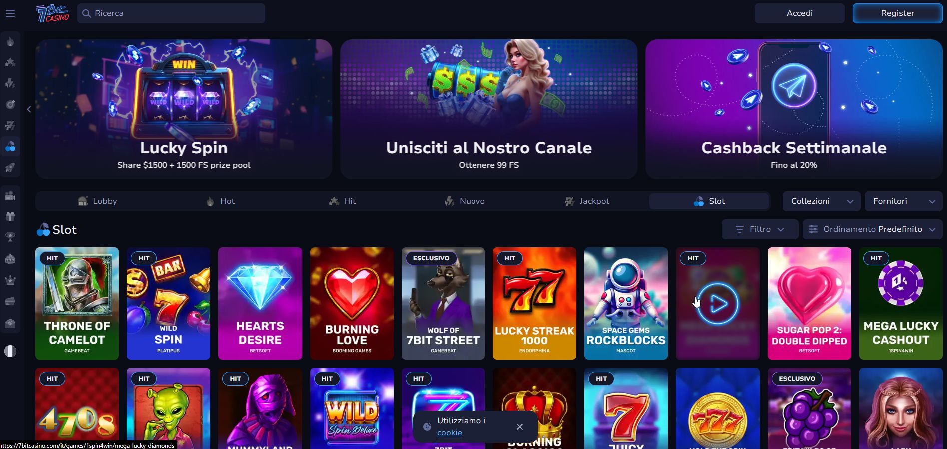 L'inconfondibile stile retrò e le luci al neon della homepage di 7Bit Casino, un paradiso per gli amanti delle criptovalute