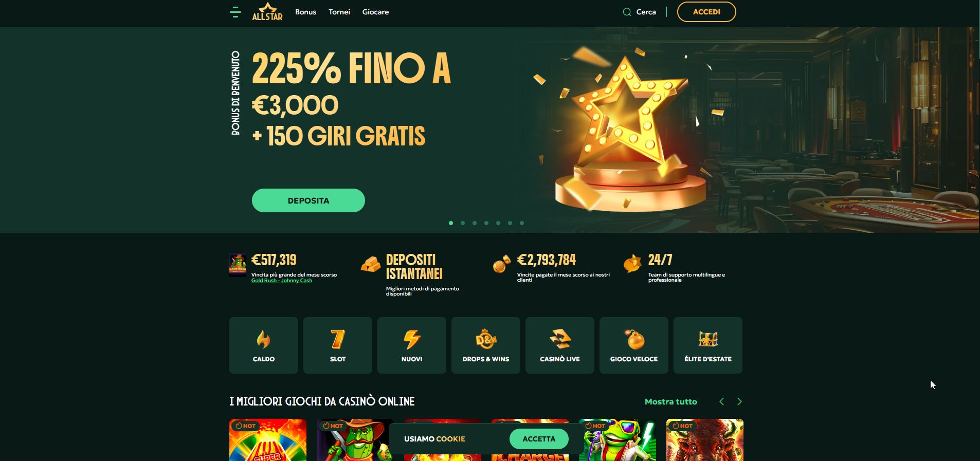 Screenshot della homepage del casinò AllStars