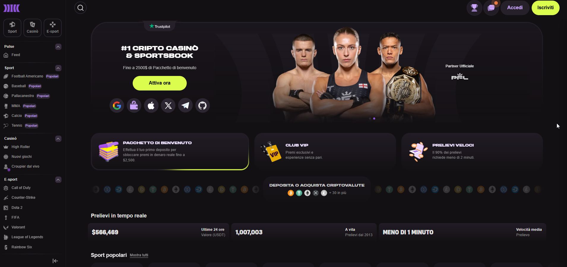 La schermata principale di Cloudbet, che unisce un raffinato casinò dal vivo e un'ampia sezione per le scommesse sportive