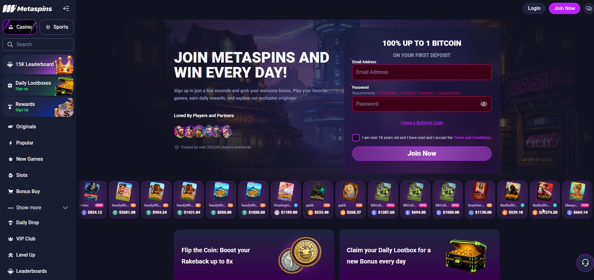 La grafica essenziale e veloce di Metaspins, che punta tutto sull'esperienza di gioco istantanea e sul cashback continuo