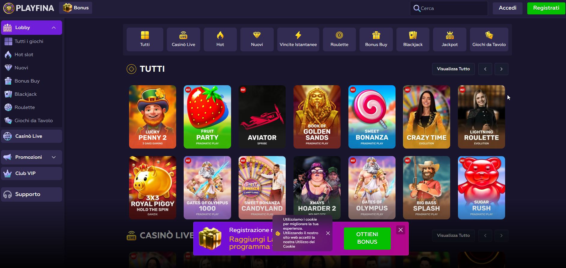 La ricca lobby di Playfina, organizzata in modo impeccabile per far trovare subito le slot e i provider preferiti