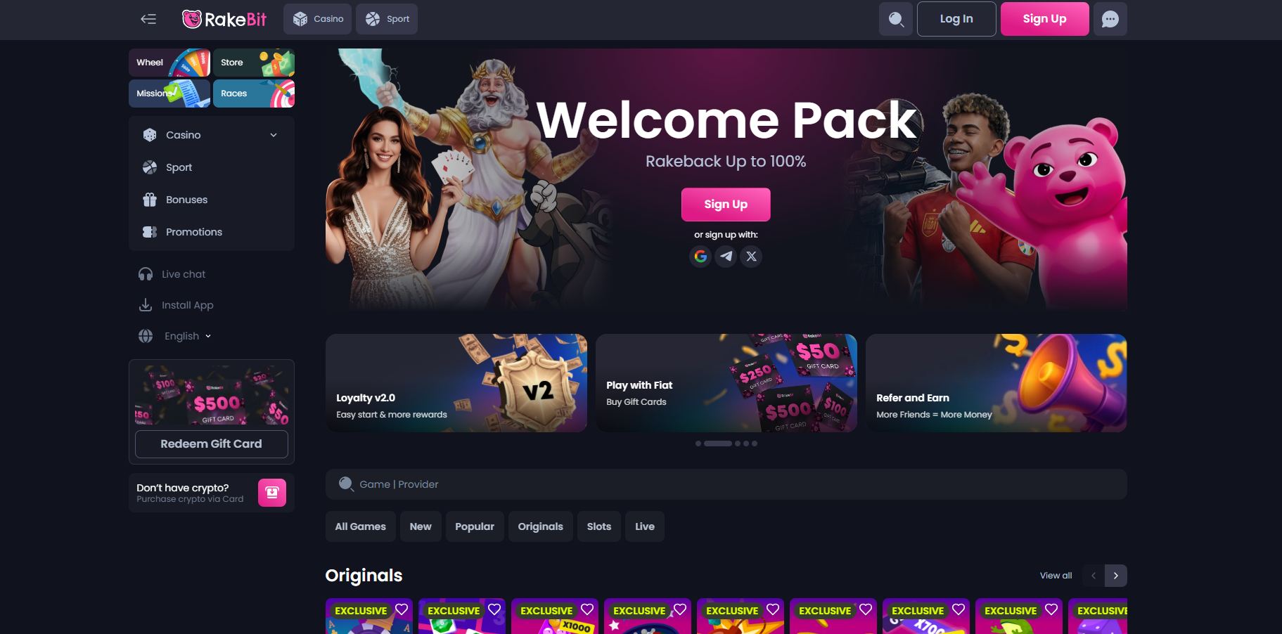 La lobby dei giochi su Rakebit con il suo design innovativo focalizzato sulle criptovalute
