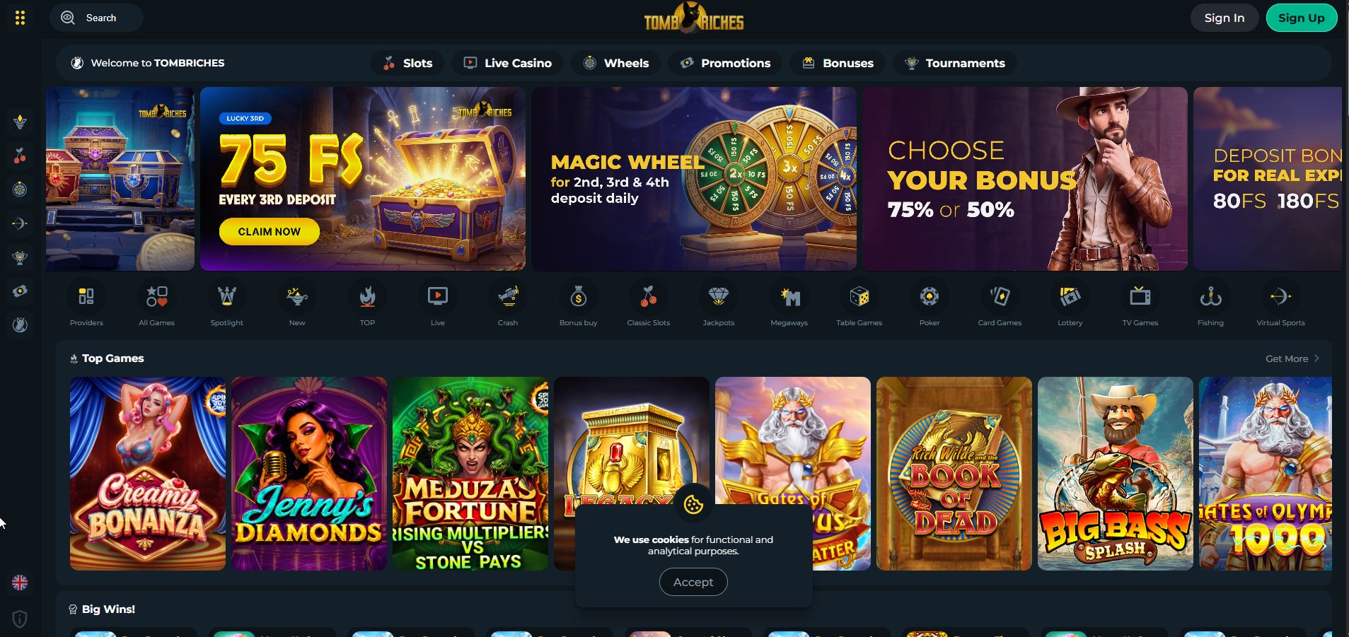 Schermata del sito di casinò online Tomb Riches