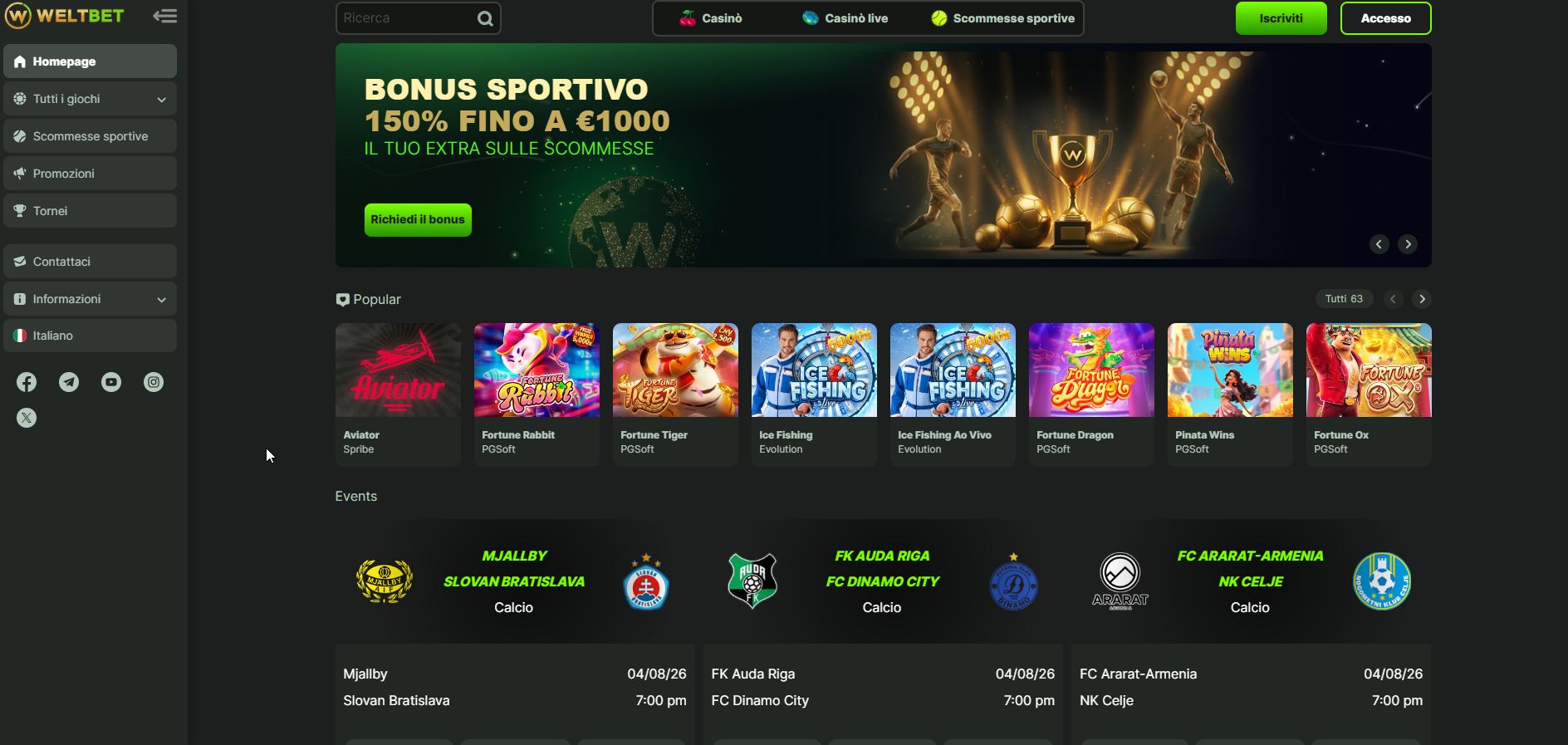 La pagina principale di Weltbet che mostra in modo chiaro le sue opzioni di casinò e scommesse