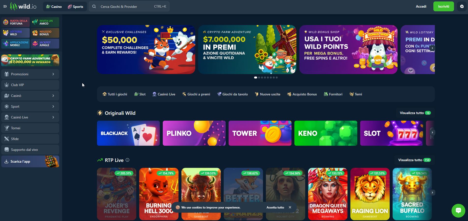 L'interfaccia moderna, scura e intuitiva del casinò crypto Wild.io