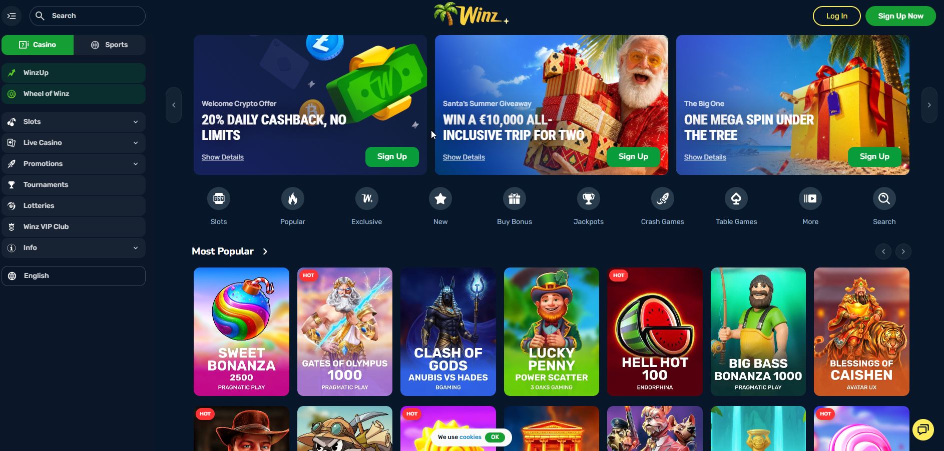 Il design pulito e moderno di Winz.io, che mette subito in risalto le slot e i bonus senza requisiti di puntata